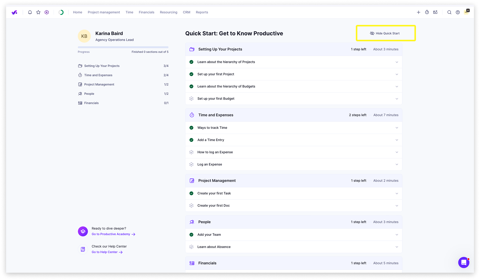 Hide Quick Start panel